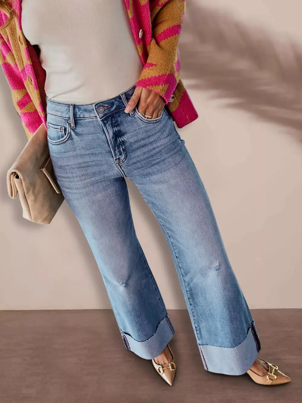 High Waist Flare Leg Distressed Denim Jeans