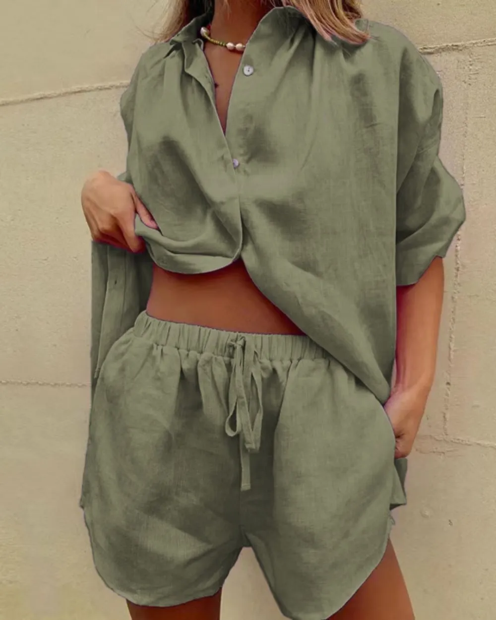Casual V-Neck Shirt and Shorts Two-Piece Set