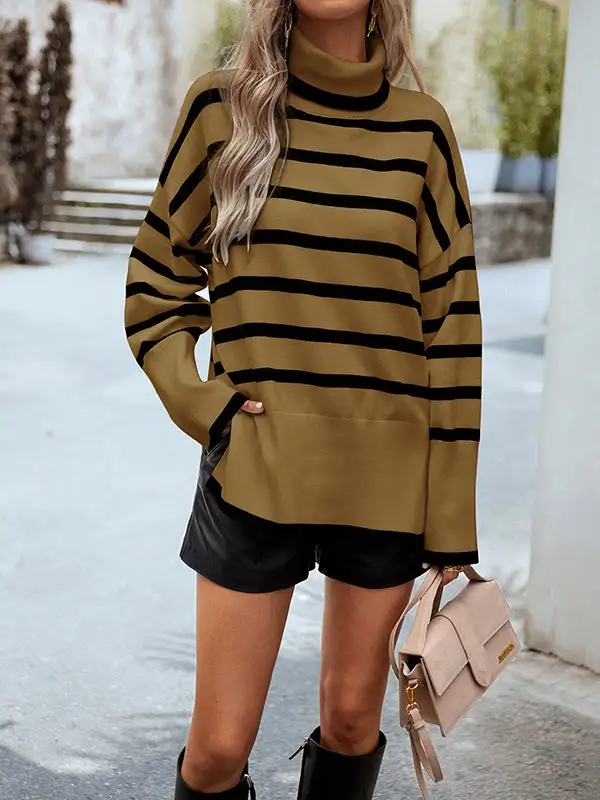 Striped Split Hem High Neck Long Sleeve Relaxed Fit Pullover Sweater