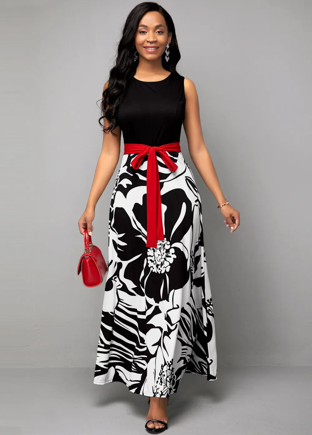 Belted Flower Print Round Neck Dress