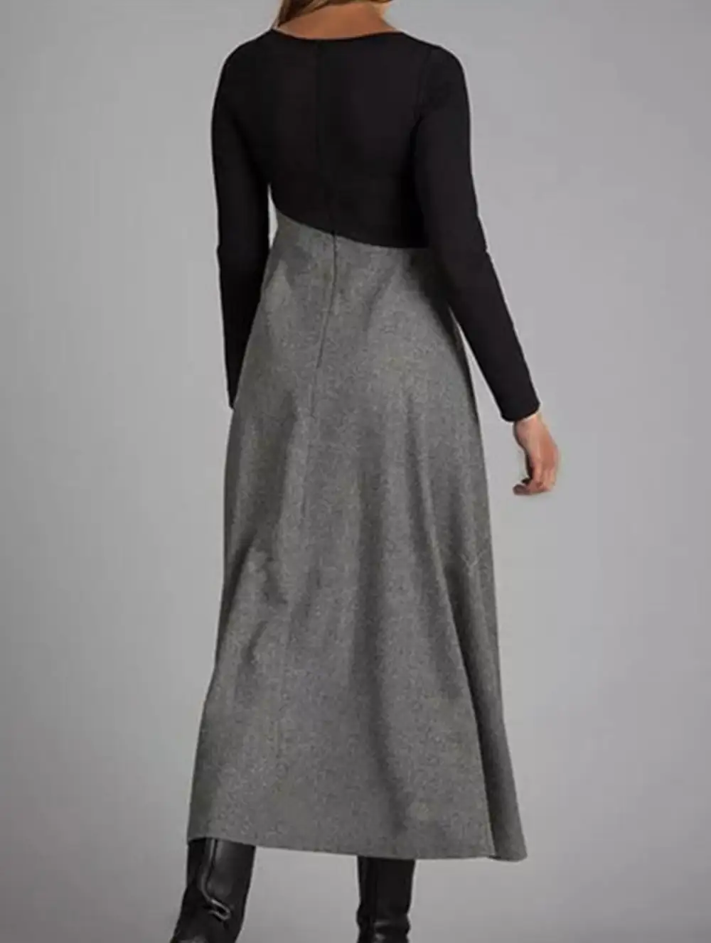 Contrast Detail V-Neck Long-Sleeved Dress