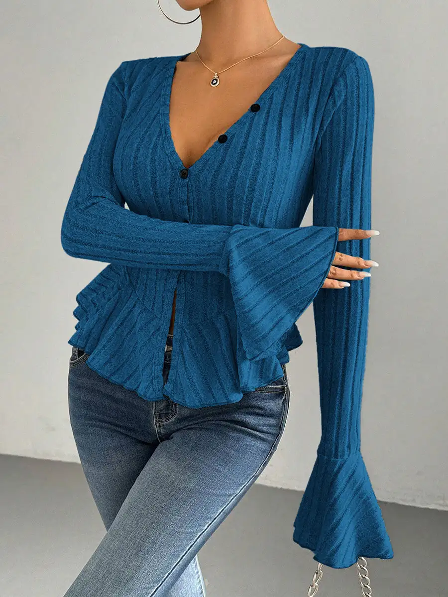 Flared Sleeve Long Sleeve Button Detail Ruffle Panel Detail Deep V-Neck T-Shirt