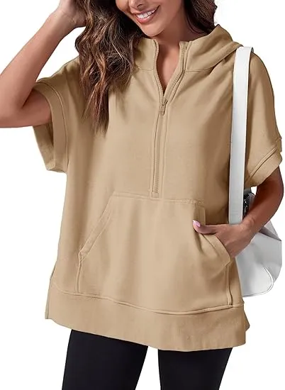 Women's Oversized Half Zip Short Sleeve Hoodie with Pockets