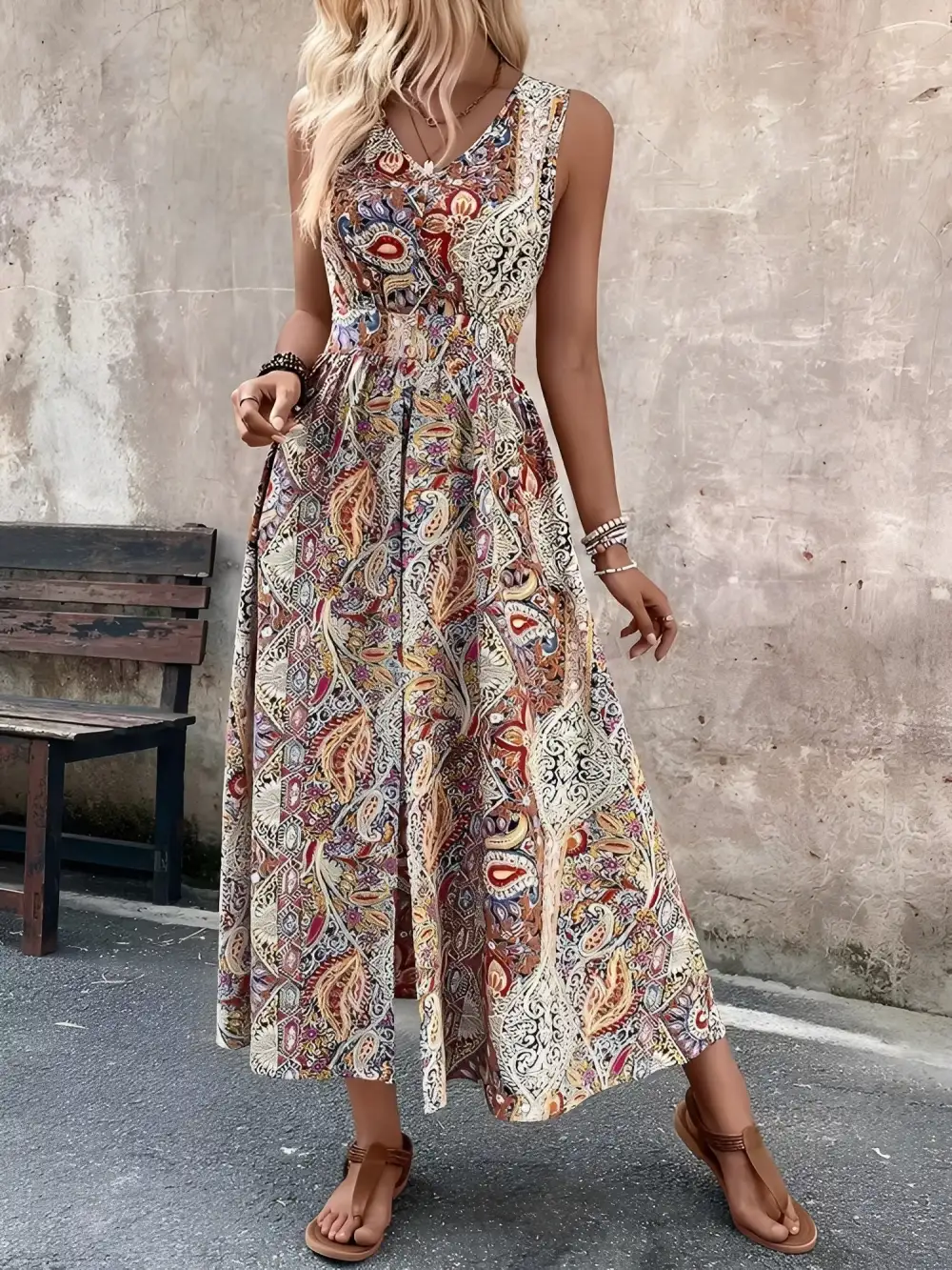 Boho Paisley V-Neck Sleeveless Slit Romper