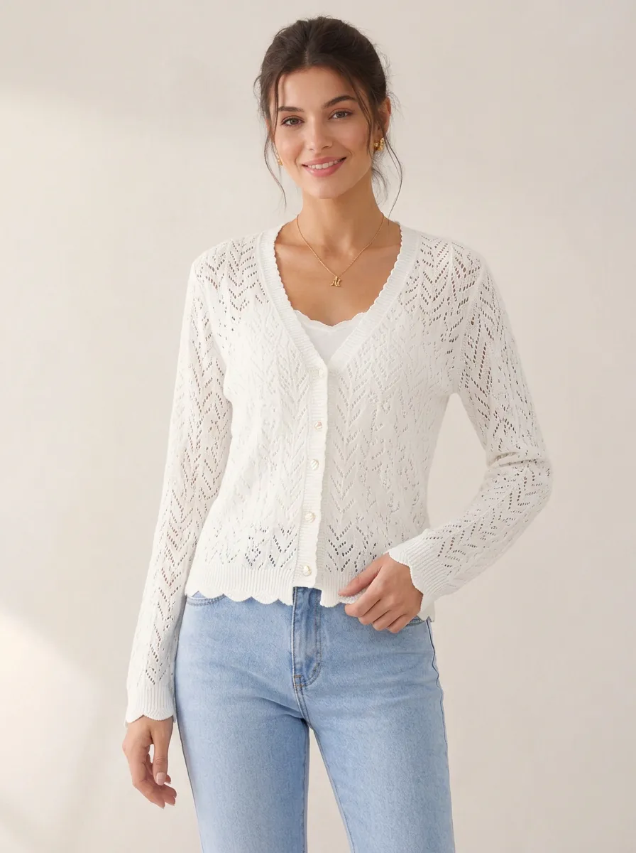 Women's Casual Elegant White Crochet Knit Button-Down Cardigan