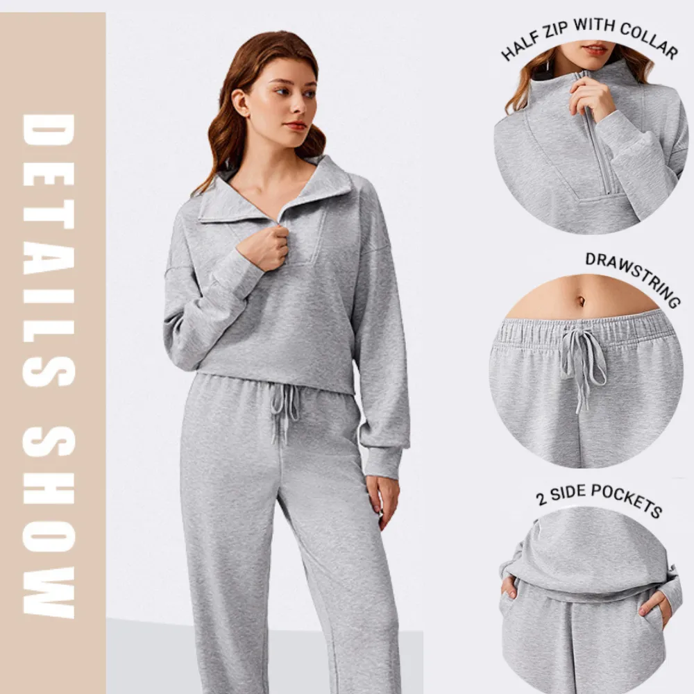 Women's Two-Piece Sports Set Long-Sleeved Half-Zip Cardigan Sweatshirt