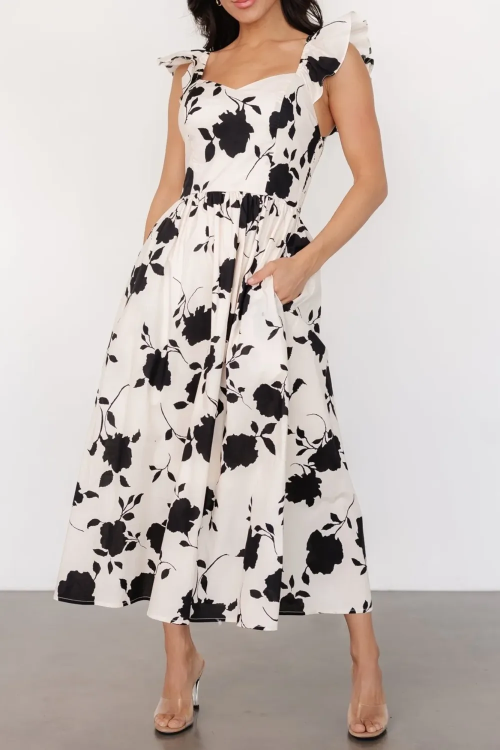 Minimalist Versatile Art Ivory And  Black Floral Dress