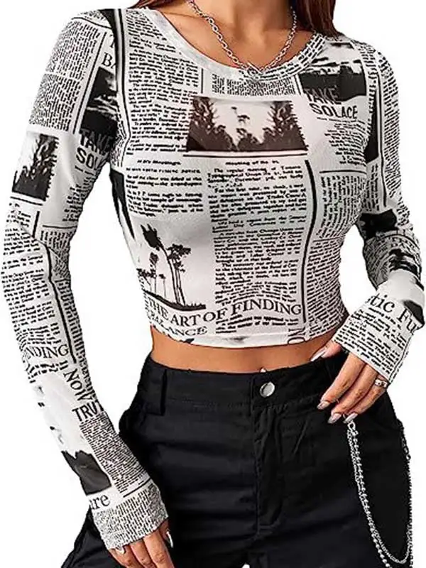 Long Sleeve Slim Fit Letter Print Round Neck T-Shirt