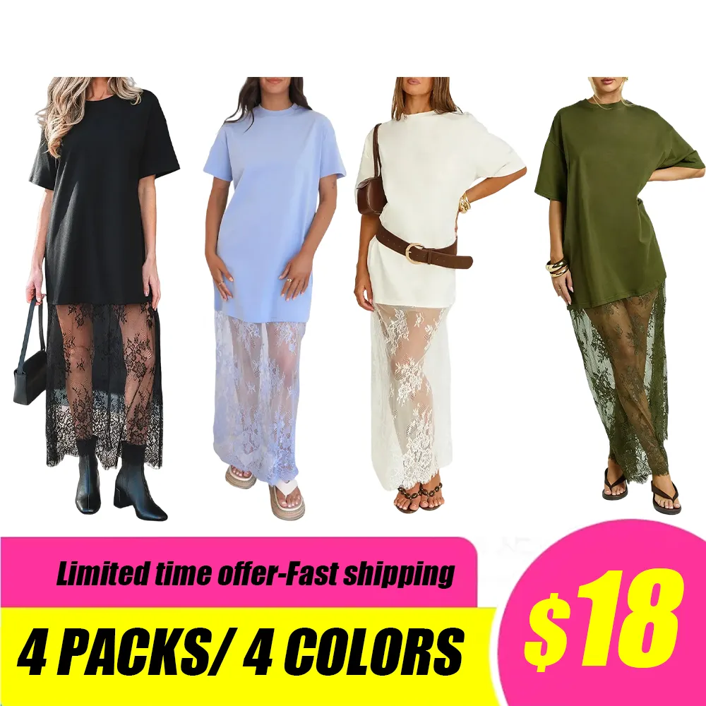 Women’s Oversized Tee Maxi Dress – Lace Hem Drop Shoulder Casual Chic