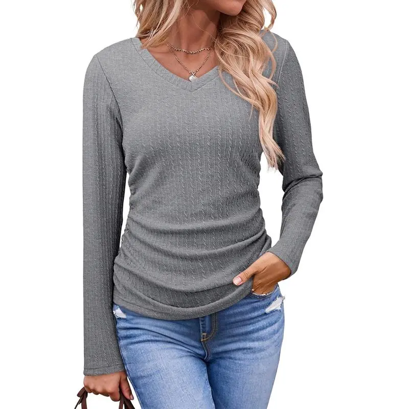 Womens Tops Casual V Neck Long Sleeve Shirts for Women Fashion Solid Ruched Basic Tunics Blouses
