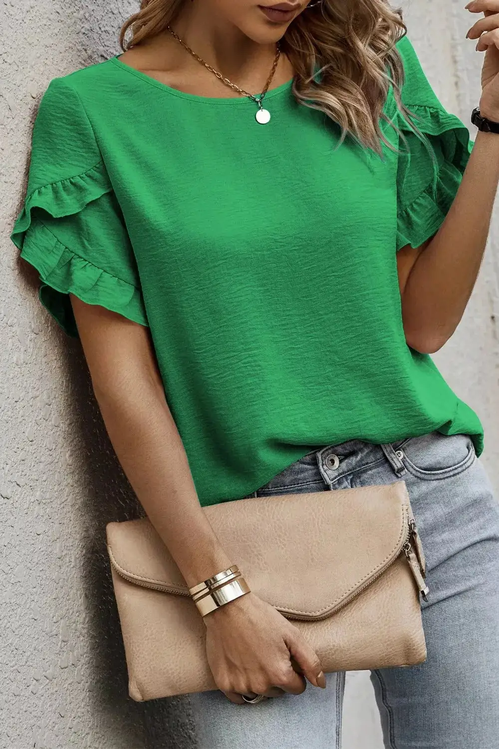 Ruffle Trim Short Sleeve Blouse