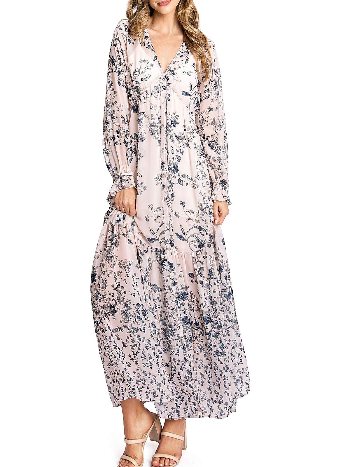 Light Pink Floral Print Long - Sleeve Maxi Dress