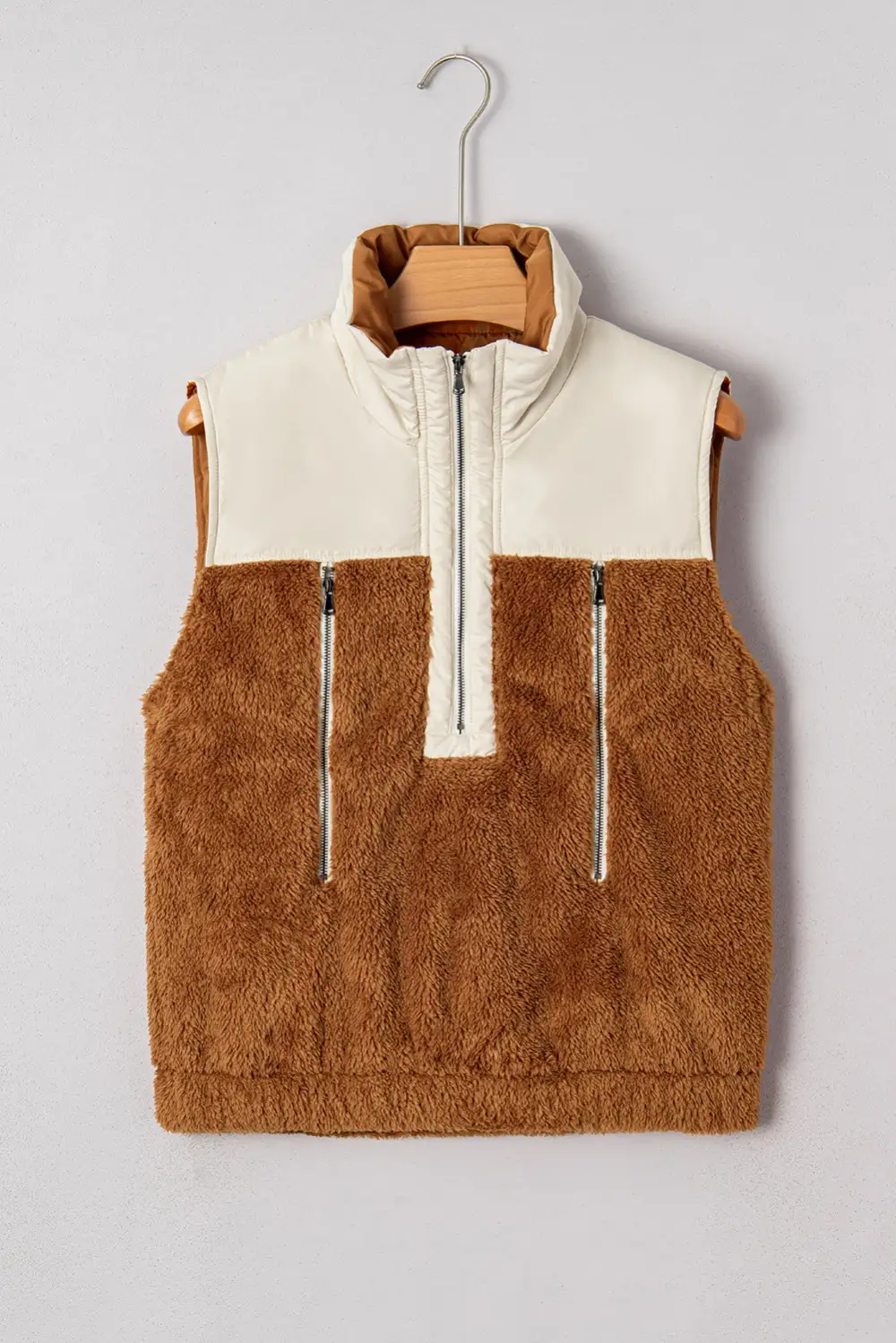 Colorblock Patchwork Zip Stand Collar Plush Vest
