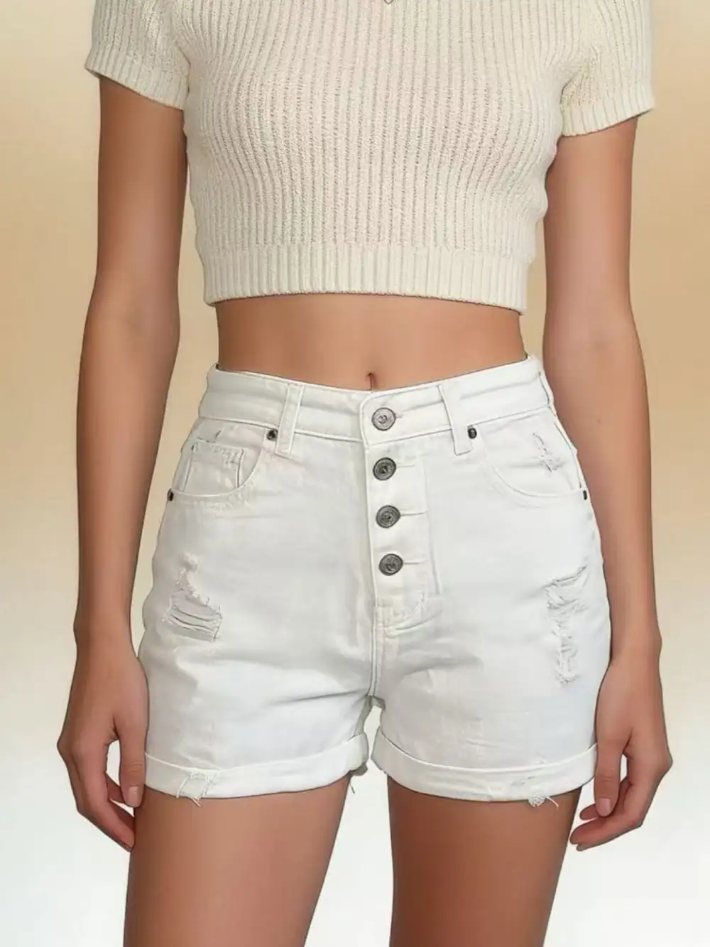 Casual Buttoned Raw Hem Distressed High Waist Shorts
