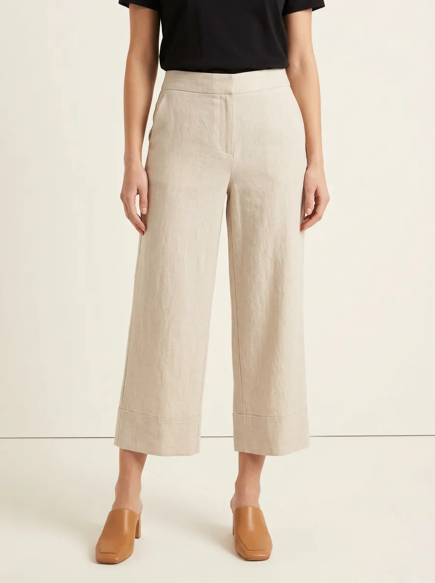 Relaxed Linen Blend Design Women's Cropped Pants