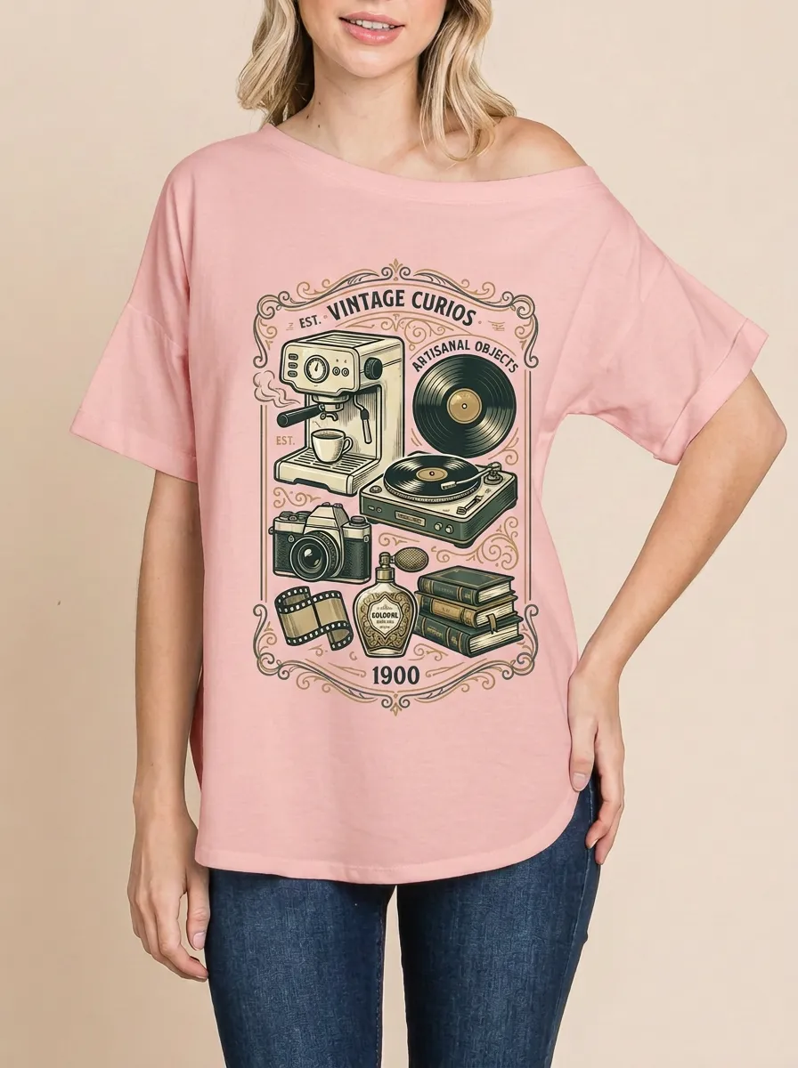 Women's Vintage Curios Retro Objects Graphic Off-Shoulder T-Shirt