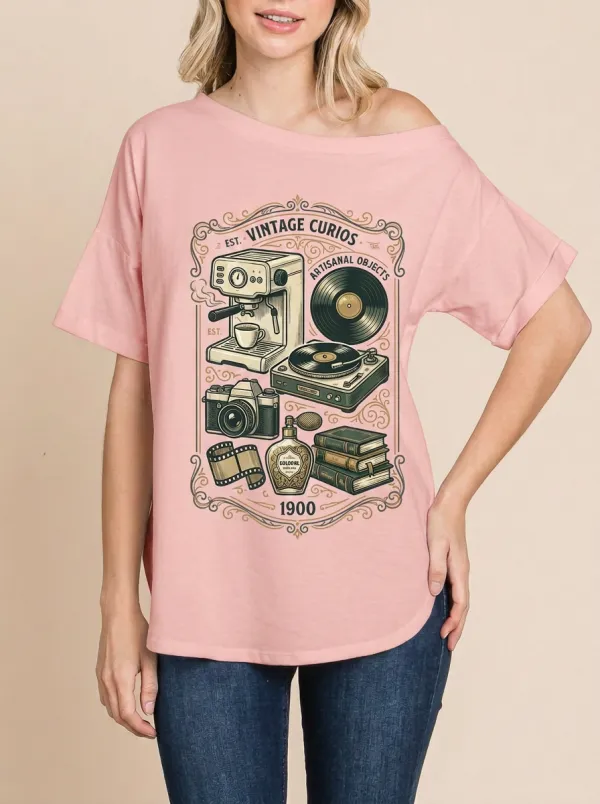 Women's Vintage Curios Retro Objects Graphic Off-Shoulder T-Shirt
