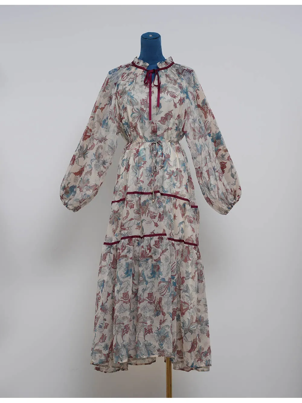 Boho Ruffle Neck Lantern Sleeves Midi Dress