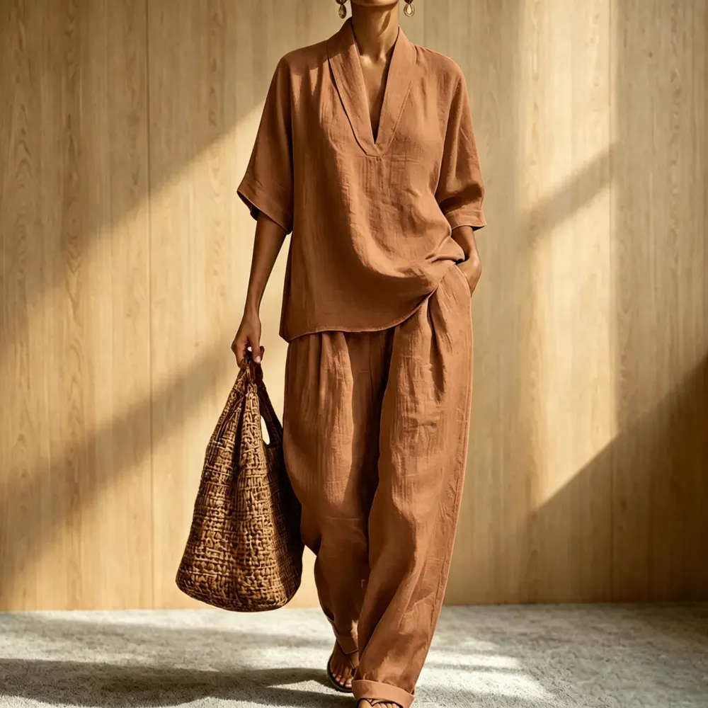 2026 New Relaxed Henley Top and Wide-Leg Pants Co-Ord Set