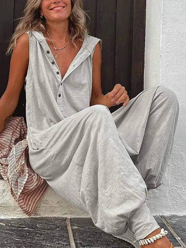 Clean Button Hooded Sleeveless Trousers Jumpsuit Pants