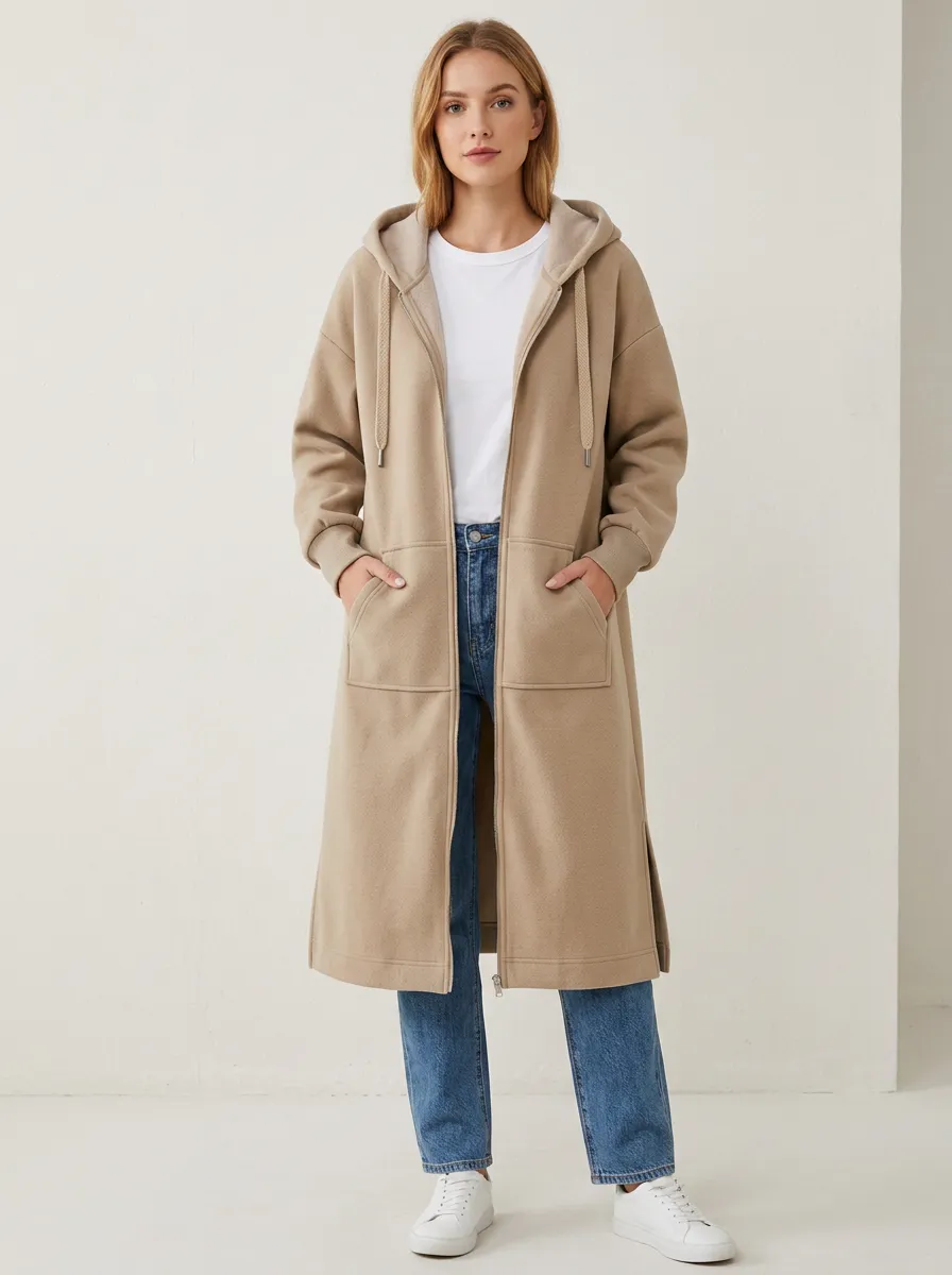 Casual Zip-Up Long Hooded Coat