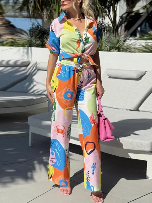 Print Panel Detail Blouse And Pants Set