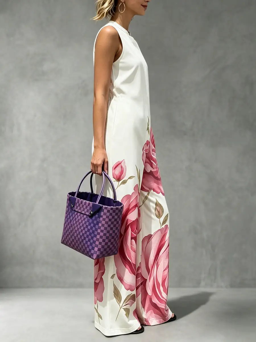 Jumpsuits Met Hoge Taille Losse Bloemenprint Geplooide Zakken