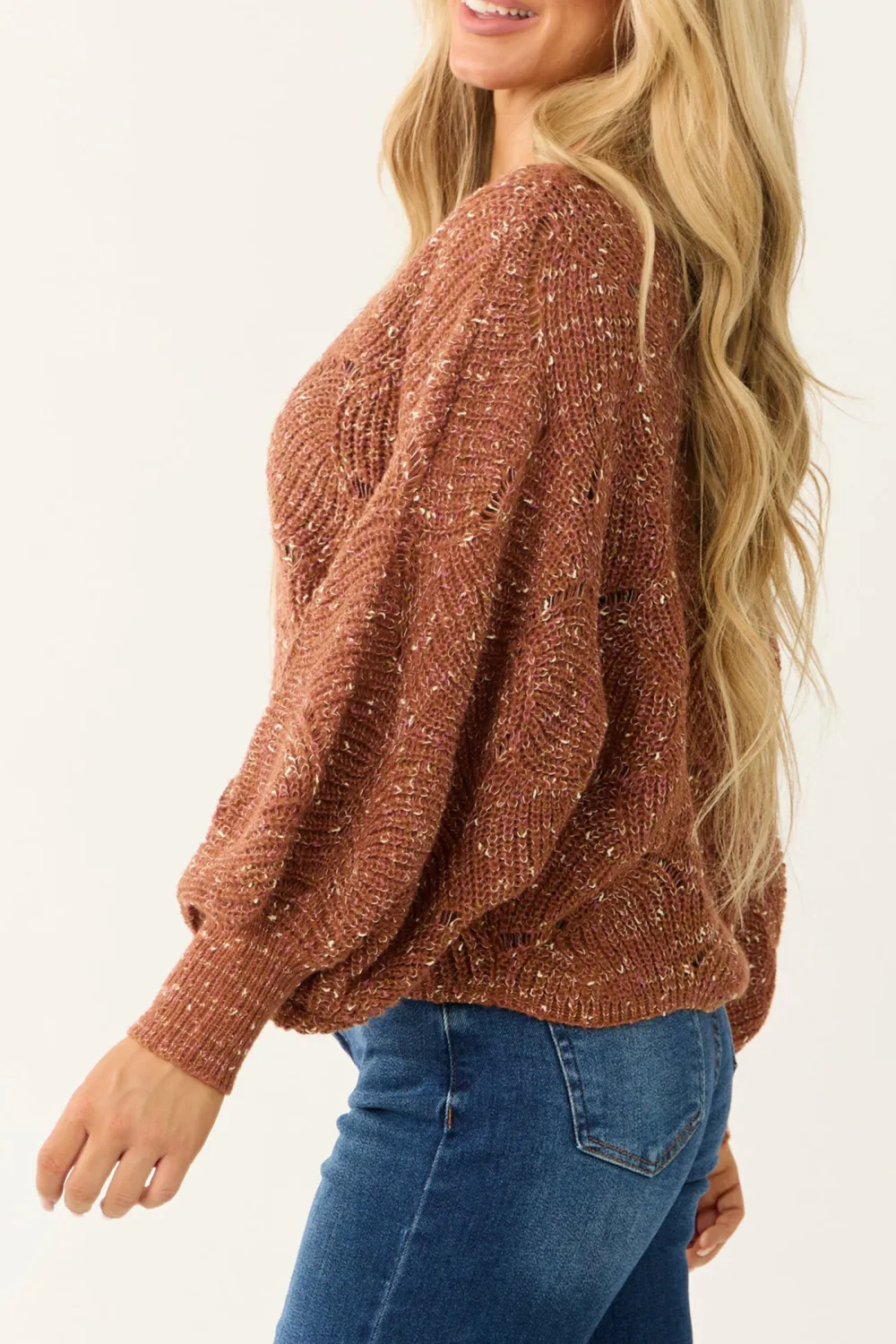 Terracotta Pointelle Long Balloon Sleeve Sweater