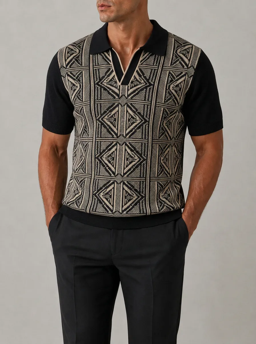 Men's Geometric Pattern Tribal Print V-Neck Polo Shirt