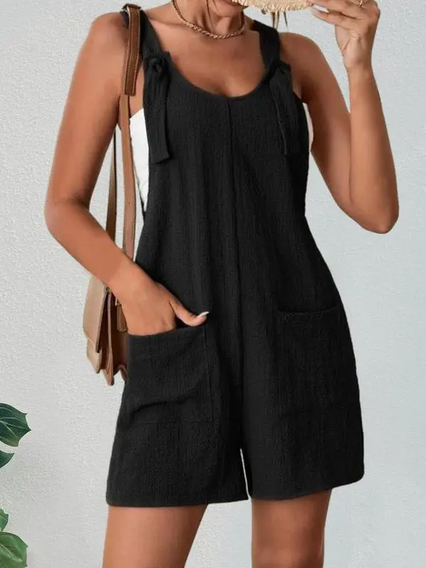 Women’s Textured Adjustable Straps Pockets Overalls – Casual Sleeveless One-Piece Romper for Summer