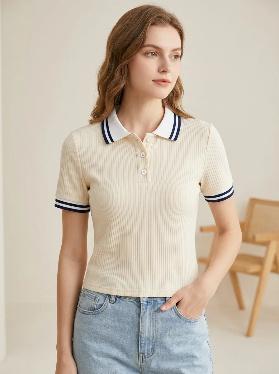 Women's Ribbed Striped-Trim Polo Shirt