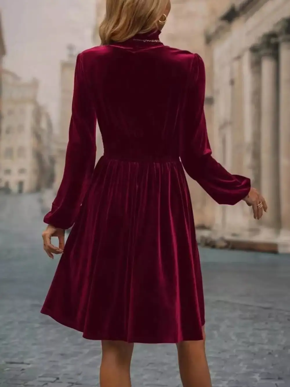 Velvet High Neck Long Sleeve Dress Casual