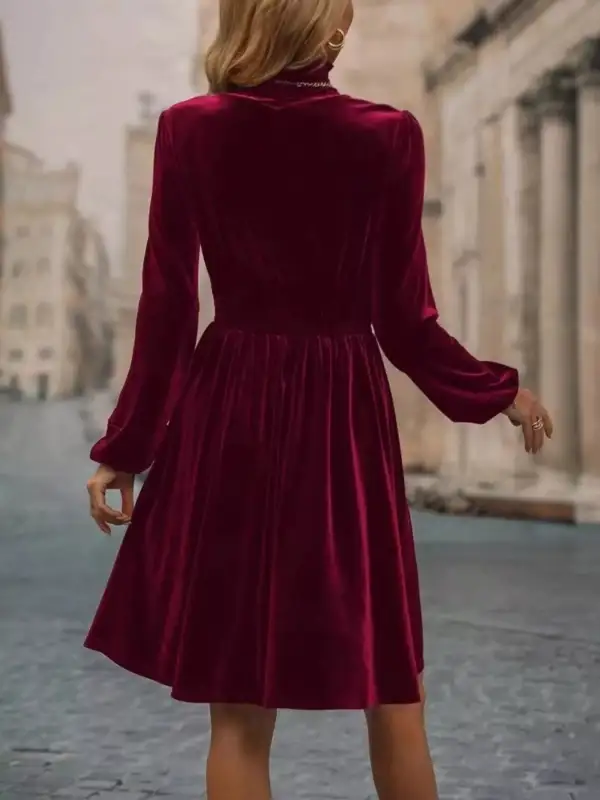 Velvet High Neck Long Sleeve Dress Casual