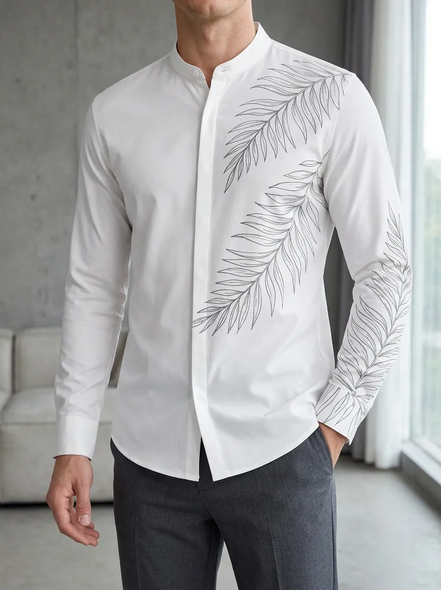 Men's Tropical Palm Leaf Printed Slim Fit Mandarin Collar Shirt