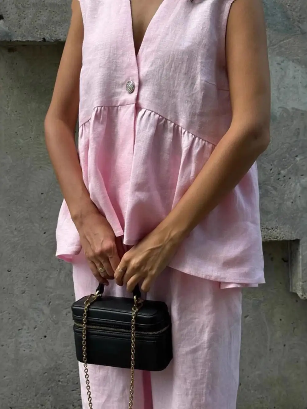 One Button Sleeveless Top and Wide-leg Pants Set