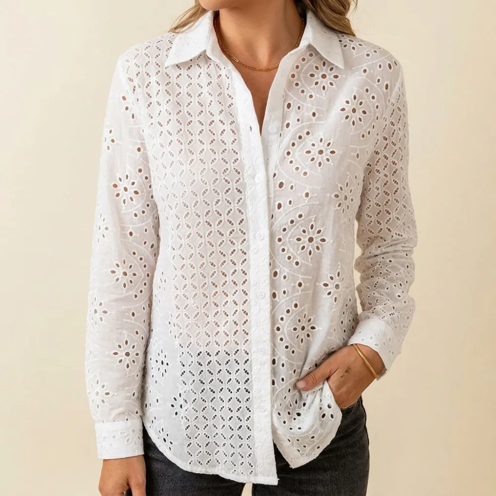Embroidered Eyelet Button Blouse