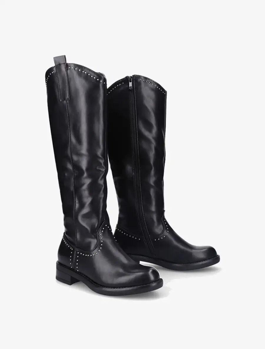 Polished Block Heel Faux Leather Flat Sole Knee High Boots