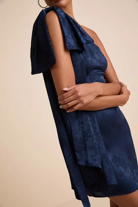 Jayda Navy Satin Jacquard One-Shoulder Sash Mini Dress