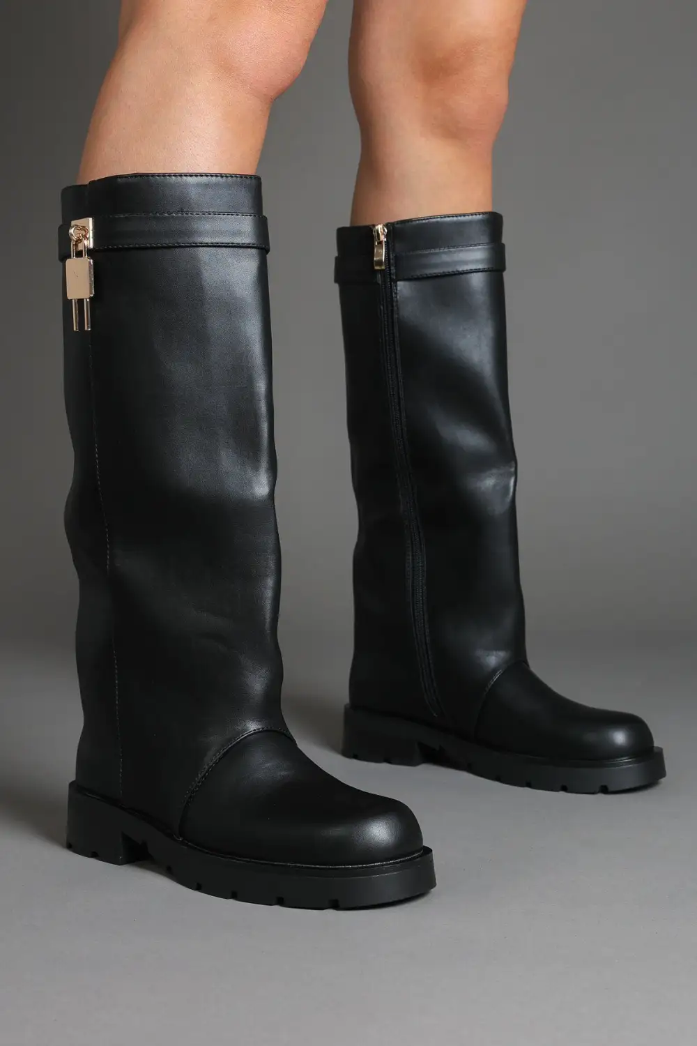 Chunky Sole Lug Sole Padlock Detail Faux Leather Knee High Boots