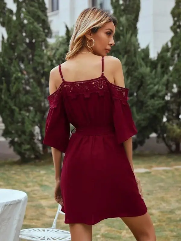 Women Solid Cold Shoulder Belted Dress