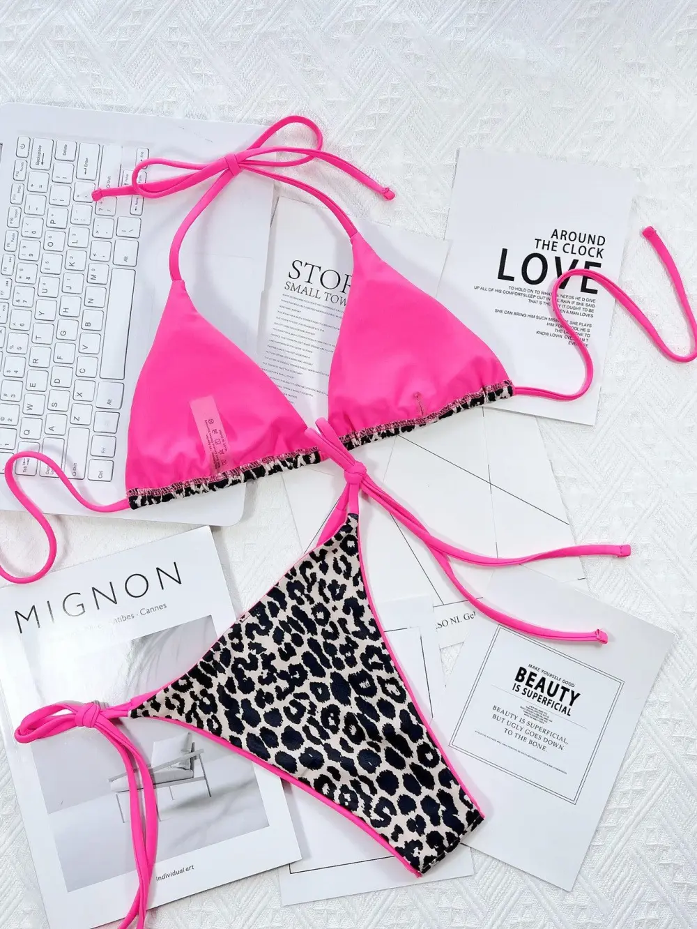 Leopard Print Halter Neck Tie Bikini Swim Set