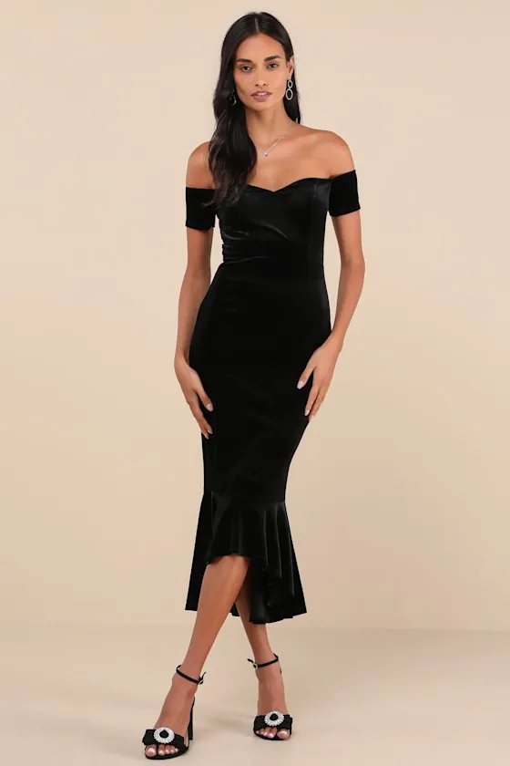 How Much I Care Emerald Green Velvet Off-the-Shoulder Midi Dress
