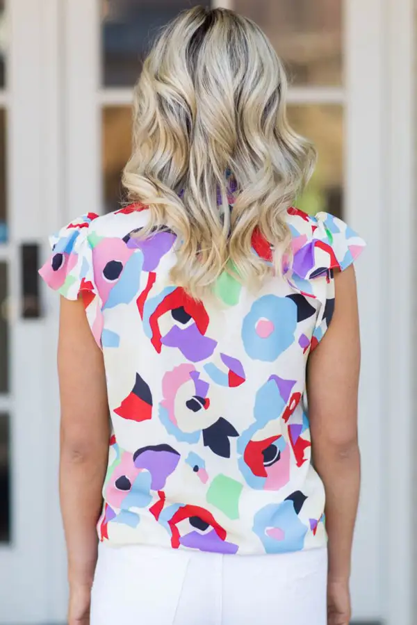 Multicolor Abstract Print Ruffle Sleeve Smocked Blouse