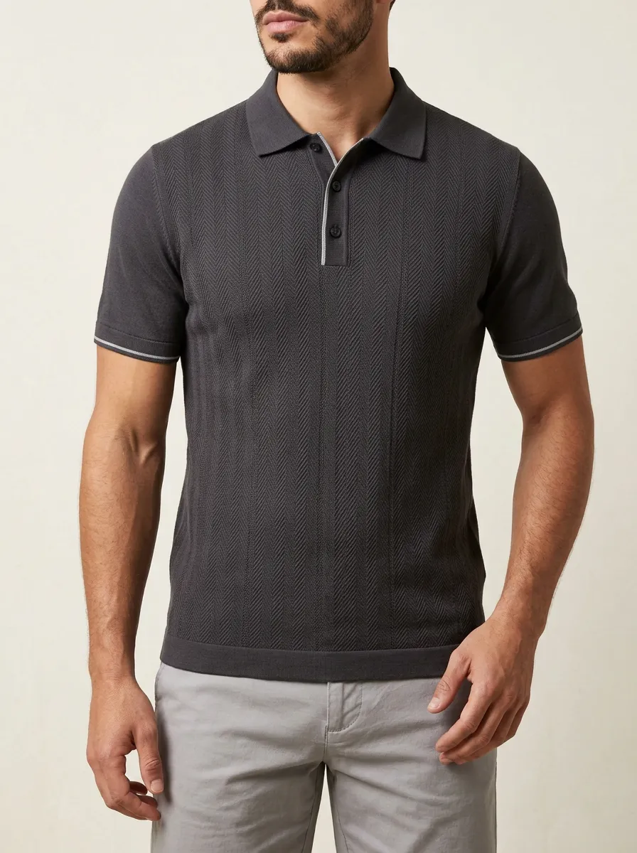 Men's Herringbone Textured Patterned Polo Shirt