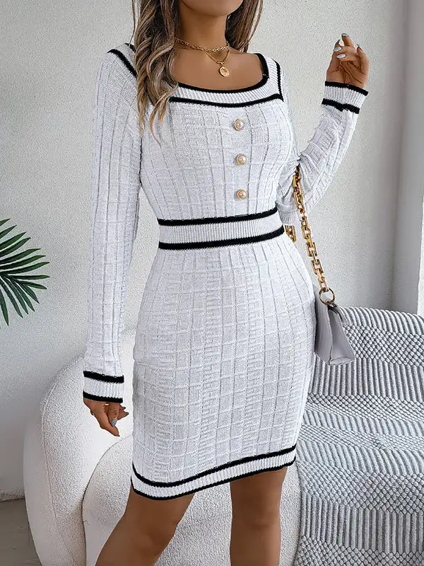 Bodycon Long Sleeve Buttoned Contrast Color Plaid Square Neck Mini Dress