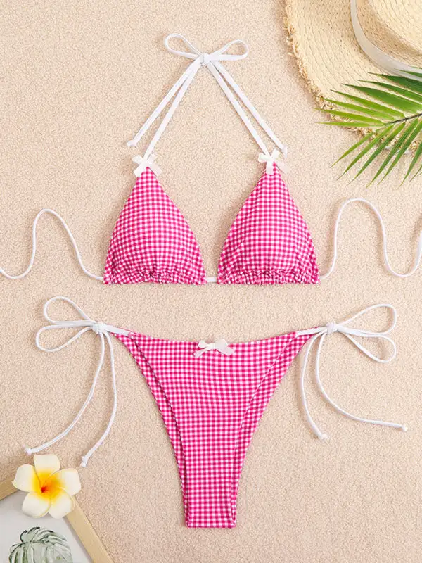 Lace Up Plaid Print Bikini Top Swim Set