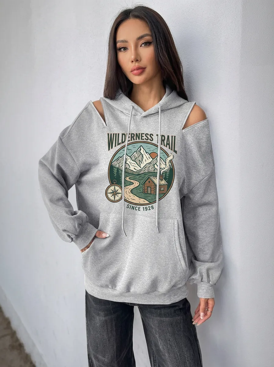 Women's Wilderness Trail Mountain Cabin Graphic Cold-Shoulder Hoodie