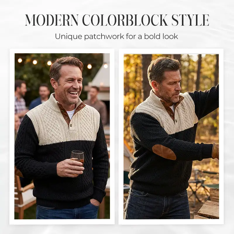 70%  OFF !! Men's Colorblock Button-Neck Sweater