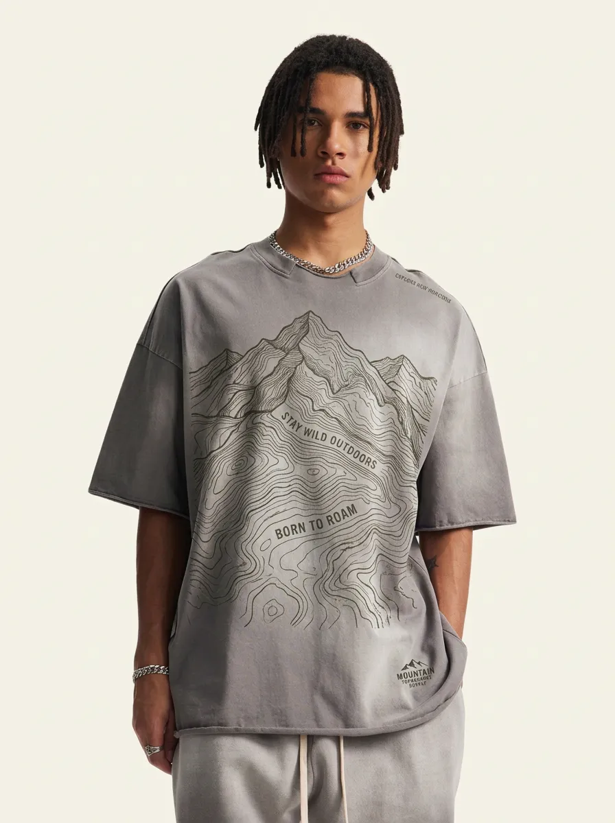 Men's Oversized Terrain Roamer Outdoor Adventure Mountain Topographic Graphic T-Shirt