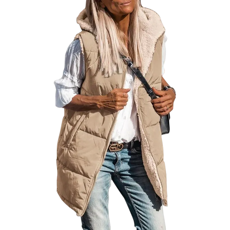 Women's military green double-faced fleece vest with pockets and a hood, long zip-up coat